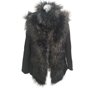 WHBM Black Detailed Faux Fur Collared Mob Wife Blazer Jacket Coat Size 6